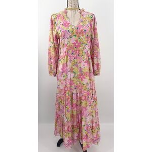 B20 Banjanan Floral Maxi Dress Womens M Pink Ruffle Long Sleeve Boho Cottage